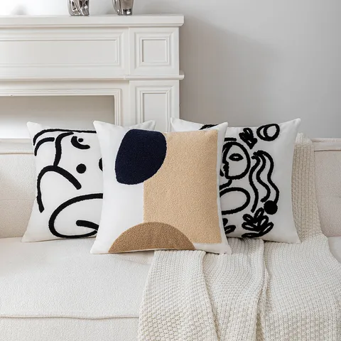 Nordischer Ins Stil Bestickter Kissenbezug Retro Abstraktes Gesicht Geometrisch Getufteter Kissenhülle Für Sofa Bett Wohnzimmer Home Deko