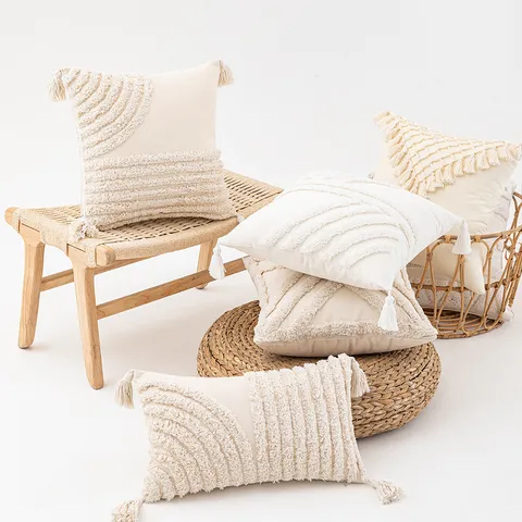 Wabi-Sabi Tufted Pillow Cover Geometric Embroidered Tassel Cushion Case Bohemian Cream White Polyester Pillowcase For Sofa Decor