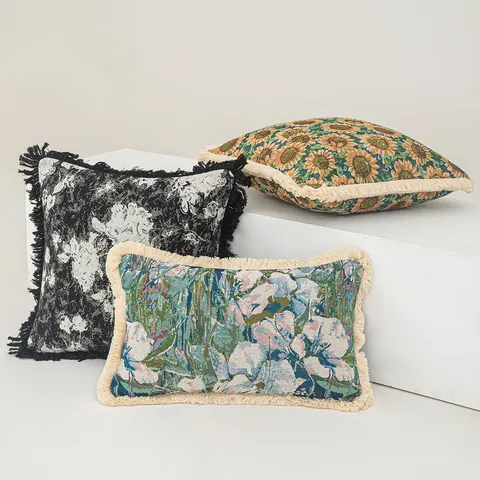 Funda de Cojín Jacquard Estilo Pintura al Óleo Europea Vintage Girasol Paisley Floral Poliéster Borla Funda de Almohada Sofá