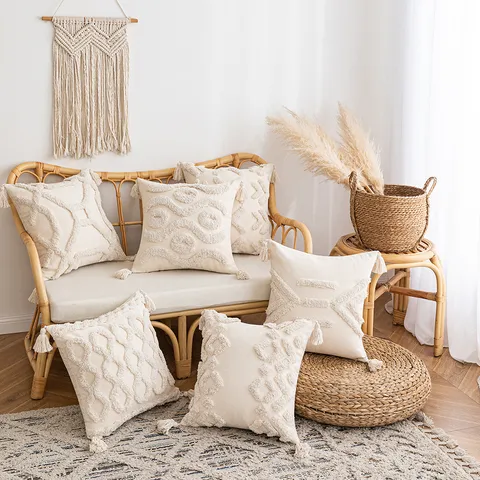 Handmade Tufted Pillow Cover With Tassels 3D Embroidery Woven Textured Wabi Sabi Style Bohemian Decorative Square Cushion Case