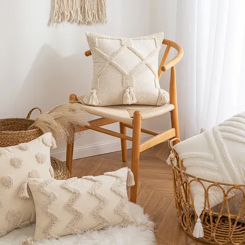 Wabi-Sabi Tufted Pillow Cover Geometric Embroidered Tassel Cushion Case Bohemian Cream White Polyester Pillowcase For Sofa Decor