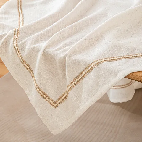Japanese Style Faux Linen Tablecloth Polyester Off-White Rectangular Dining Table Cover With Hemp Rope Lace Edge For Home Decor