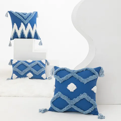 Nordic Blue Tufted Pillowcase Geometric Embroidered Cushion Cover With Tassels For Sofa Bedroom Office Throw Pillow Case