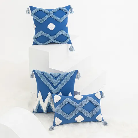 Nordic Blue Tufted Pillowcase Geometric Embroidered Cushion Cover With Tassels For Sofa Bedroom Office Throw Pillow Case