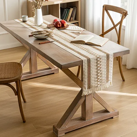Bohemian Woven Table Runner Polyester Cotton Hollow Tassel Rustic Farmhouse Dining Coffee Table Cover Home Decor