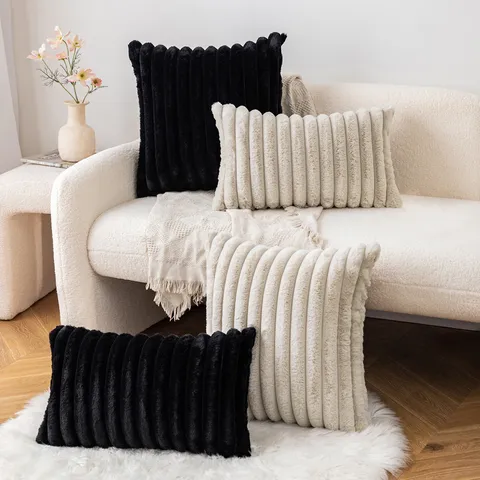 Modern Ribbed Faux Rabbit Fur Throw Pillowcase Soft Plush Striped Cushion Cover For Living Room Sofa Bedroom Home Decor