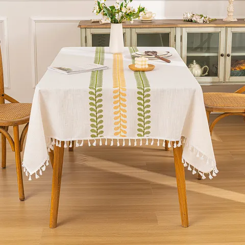 Nordic Embroidered Tablecloth Tasseled Rectangle Table Cloth Waterproof Polyester Cotton Fabric Table Cover For Dining Room Kitchen Decor