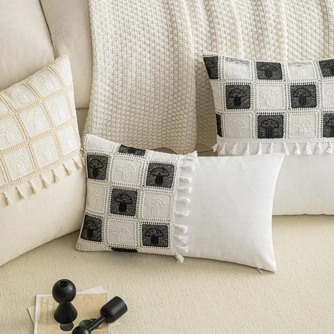 Ins Style Mushroom Crochet Patchwork Pillowcase Black White Checkerboard Cushion Cover With Tassels For Living Room Sofa Home Decor