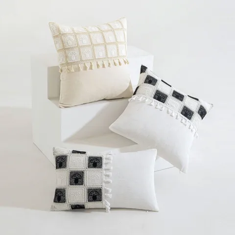 Ins Style Mushroom Crochet Patchwork Pillowcase Black White Checkerboard Cushion Cover With Tassels For Living Room Sofa Home Decor