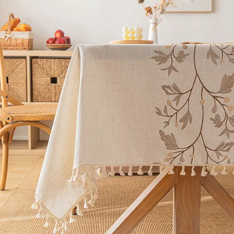 Embroidered Polyester Tablecloth Rectangular Table Cloth With Tassels Creamy Style Botanical Branches Floral Desk Pad For Home Kitchen Coffee Table
