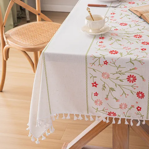 Pastoral Floral Embroidery Tassel Tablecloth Rectangular Jacquard Lace Dustproof Coffee Table Cover For Dining Room Kitchen Home Decor