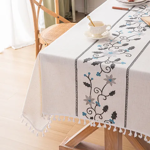 Pastoral Floral Embroidery Tassel Tablecloth Rectangular Jacquard Lace Dustproof Coffee Table Cover For Dining Room Kitchen Home Decor