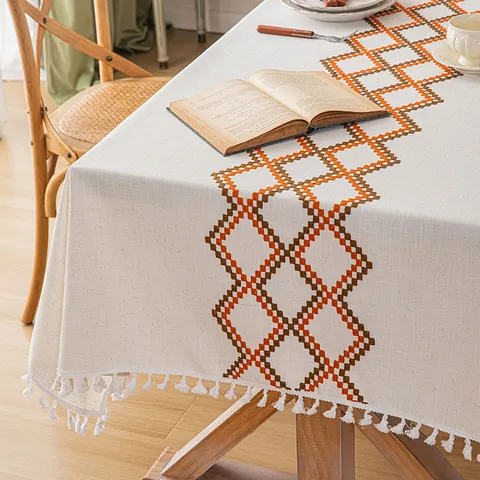 Mantel Bordado de Rombos Geométricos de Estilo Nórdico Con Flecos de Borlas Efecto Lino Rectangular Para Mesa de Comedor Cubierta de Mesa de Té