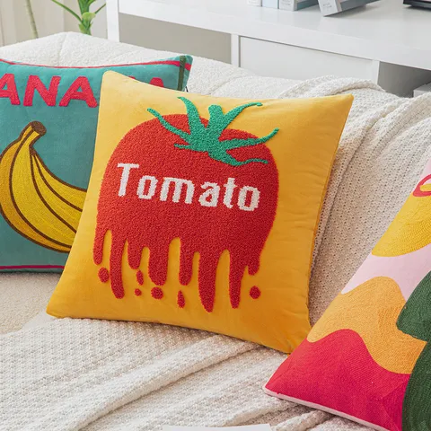 Nordic INS Style Fruit Alphabet Embroidered Throw Pillow Case Soft Velvet Tomato Banana Lemon Pattern Cushion Cover For Sofa Home Decor