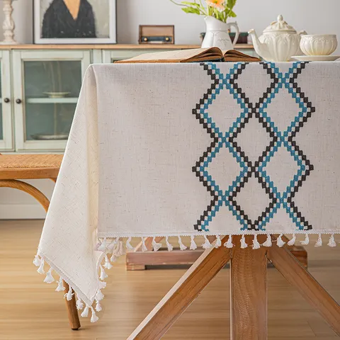 Mantel Bordado de Rombos Geométricos de Estilo Nórdico Con Flecos de Borlas Efecto Lino Rectangular Para Mesa de Comedor Cubierta de Mesa de Té