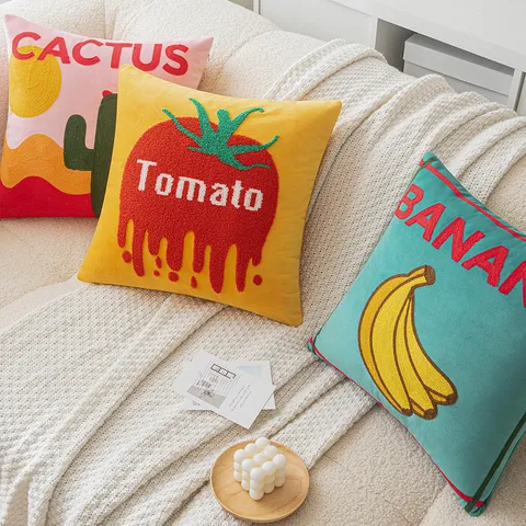 Nordic INS Style Fruit Alphabet Embroidered Throw Pillow Case Soft Velvet Tomato Banana Lemon Pattern Cushion Cover For Sofa Home Decor