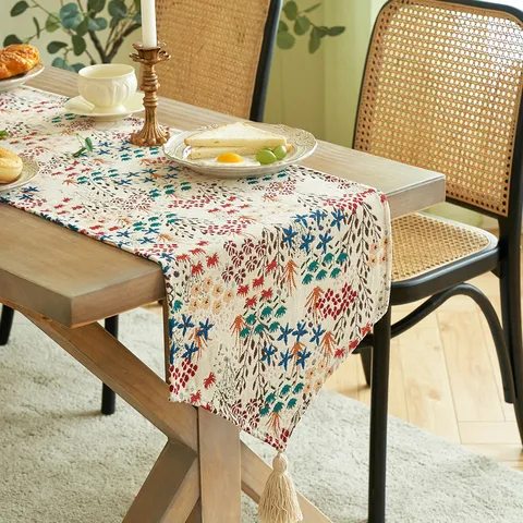 American Bohemian Jacquard Table Runner With Tassels Polyester Cotton Blend Floral Geometric Rectangular Tablecloth For Dining Table Home Decor
