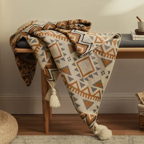 Bohemian Geometrische Gestrickte Wohndecke Mit Quasten Weiche Acryl Sofaüberwurf Bettläufer Für Couch Wohnzimmer Deko