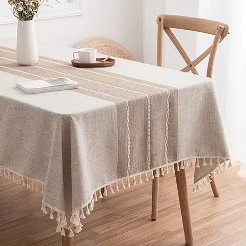 Mantel Impermeable Estilo Nórdico Poliéster Imitación Lino Rayas Rectangular Mantel Mesa de Comedor Con Borlas Hogar
