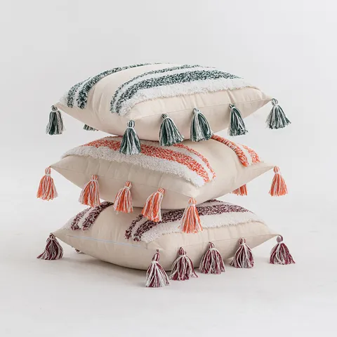 Bohemian Tufted Cushion Cover With Tassels Geometric Striped Pillowcase For Sofa Living Room Home Decor Polyester Throw Pillow Case Only