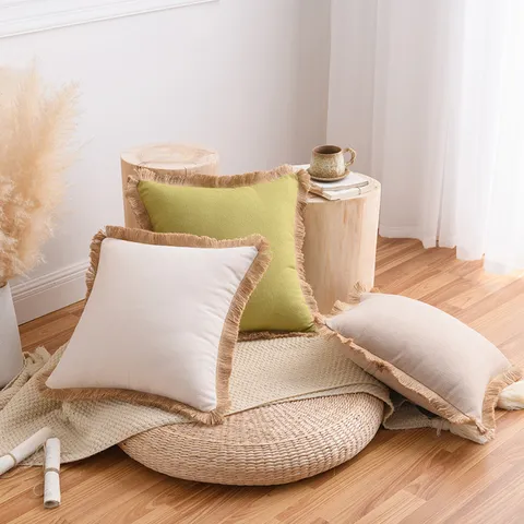 Taie d'Oreiller en Coton Lin Couleur Unie Nordique Housse de Coussin Décorative à Franges Bohème pour Canapé Salon Chambre