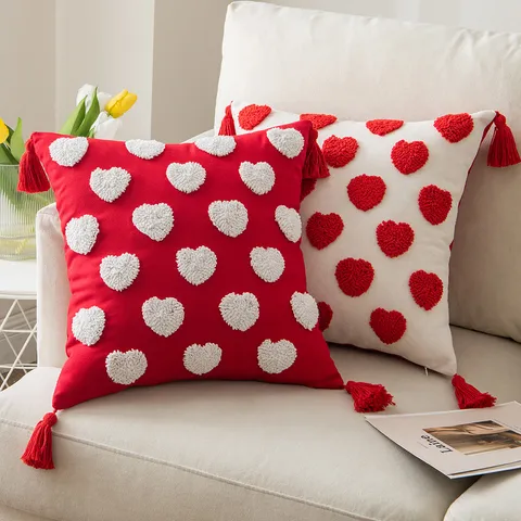 Cotton Heart Embroidered Tufted Cushion Cover With Tassels Geometric Nordic Throw Pillow Case For Home Wedding Valentine Decor
