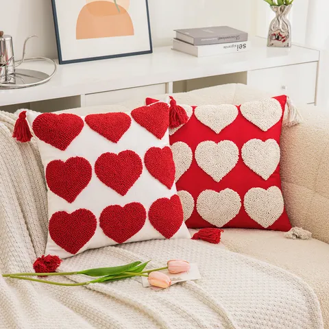 Cotton Heart Embroidered Tufted Cushion Cover With Tassels Geometric Nordic Throw Pillow Case For Home Wedding Valentine Decor
