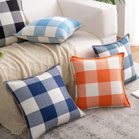 Housses de Coussin à Carreaux Modernes en Coton Lin Avec Bord au Point de Fouet Taies d'Oreiller Décoratives Géométriques pour Canapé Salon Décoration Maison