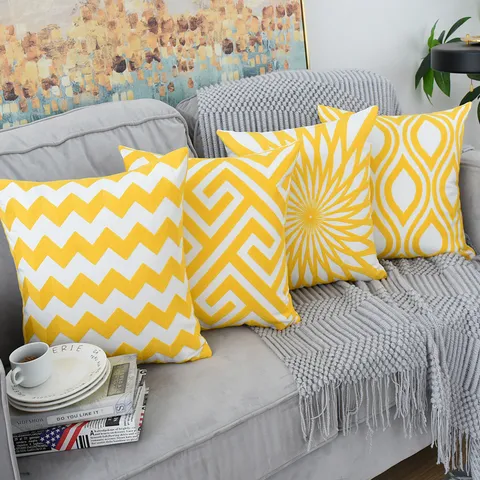 Fodera per Cuscino Geometrica con Ricamo in Spugna 3D Moderna Nordica Giallo Bianco in Cotone per Divano Decorazioni per la Casa