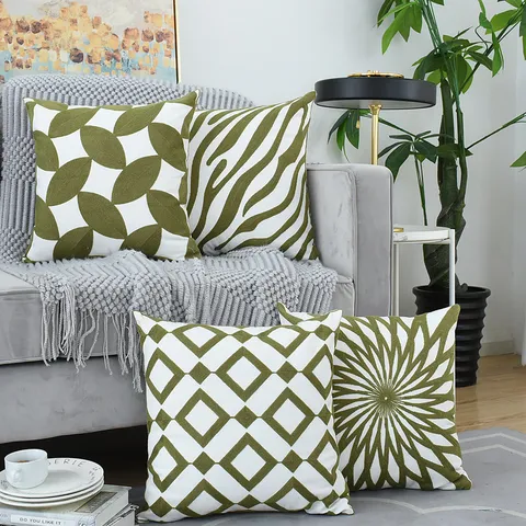 Nordic Geometric Green Embroidered Cushion Cover Modern Cotton Square Throw Pillow Case For Sofa Home Decor Living Room