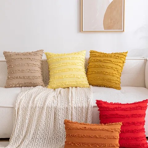 Bohemian Stil Baumwolle Leinen Fransen Dekorativer Kissenbezug Quadratisch Einfarbig Kissenhülle Mit Quasten Für Sofa Wohnzimmer Deko