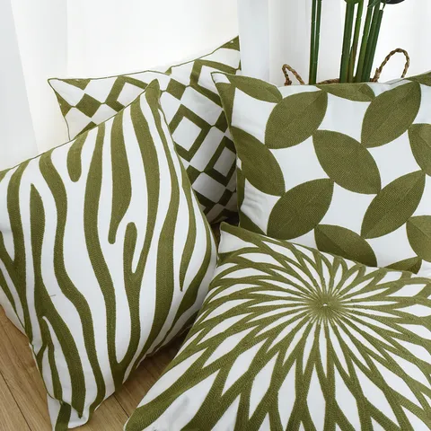 Nordic Geometric Green Embroidered Cushion Cover Modern Cotton Square Throw Pillow Case For Sofa Home Decor Living Room