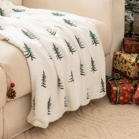 Manta de Sofá de Felpa de Navidad Blanca de Piel de Conejo Sintética Con Bordado de Árbol de Navidad Verde para Decoración de Sala de Estar Manta Suave y Cálida