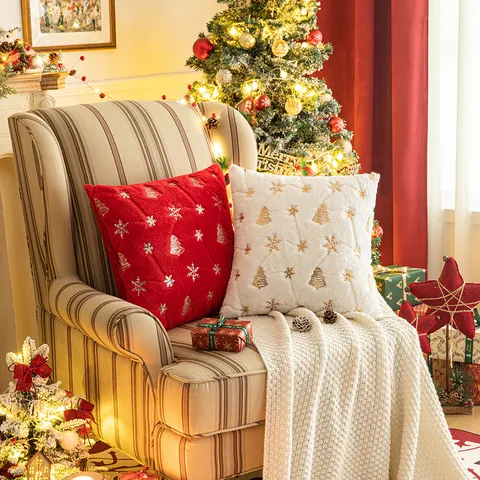 Christmas Sequin Embroidery Pillowcase Plush Snowflake Christmas Tree Decorative Cushion Cover For Home Sofa Party Gift