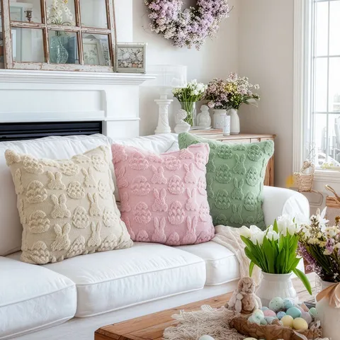 Easter Bunny Eggs Pillowcase 3D Plush Quilted Embroidered Cushion Cover Nordic Style Decorative Throw Pillow Cover For Sofa Living Room