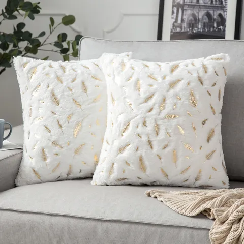 Taie d'Oreiller de Noël à Plumes en Feuille d'Or Housse de Coussin en Peluche Courte Douce pour Canapé Décoration de Salon
