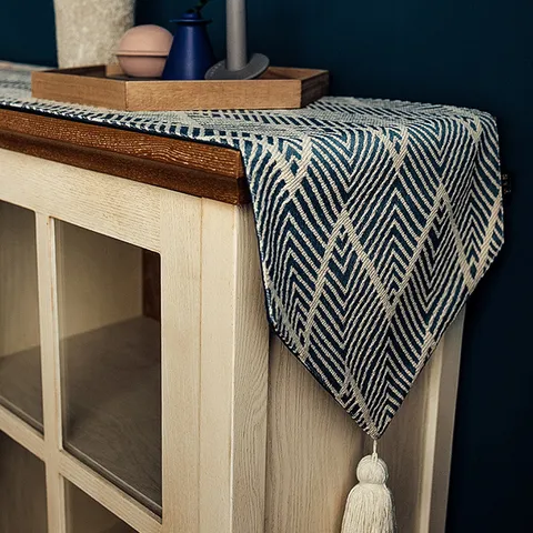 Camino de Mesa Estilo Japonés Jacquard 3D Con Borlas Patrón de Ondas Rayado Mantel para Decoración de Mesa