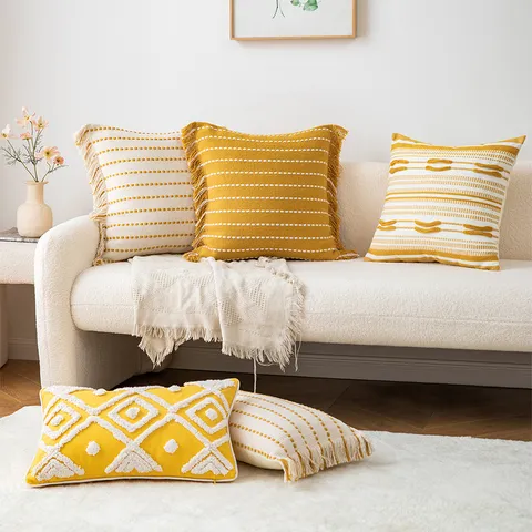 Housse de Coussin Bohème en Coton Tufté Décorative Motif Géométrique à Rayures Avec Glands pour Canapé Lit Déco Maison
