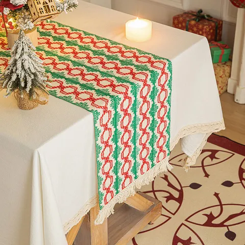 New Year Red Christmas Table Runner Cotton Linen Woven Geometric Pattern Tassel Tablecloth Holiday Festive Home Decor