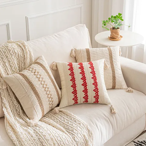 American Jacquard Tassel Pillow Cover Boho Embroidered Geometric Heart Cushion Case For Sofa Living Room Decor