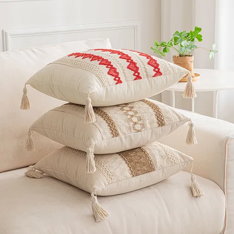 American Jacquard Tassel Pillow Cover Boho Embroidered Geometric Heart Cushion Case For Sofa Living Room Decor