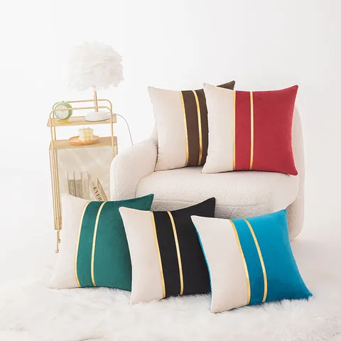 Modern Luxury Velvet Stitched Gold Stripe Cushion Cover Spliced Polyester Throw Pillowcase For Sofa Home Bedroom Decor