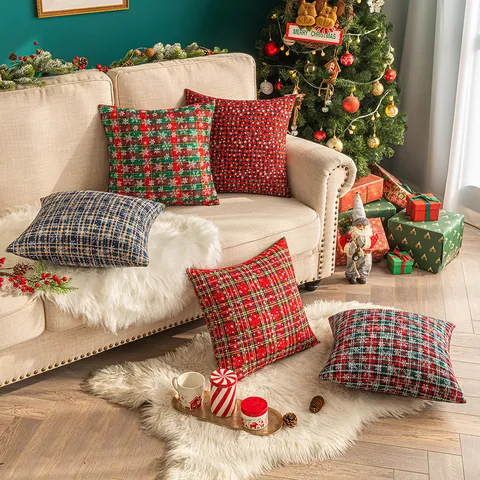 Weihnachten Schneeflocke Karo Kissenbezug Dekorativer Schottenkaro Kissenhülle Für Sofa Bett Feiertag Party Deko Ohne Füllung