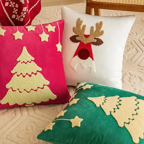 Christmas Embroidered Velvet Texture Pillowcase Polyester Cushion Cover For Living Room Sofa Xmas Tree Elk Pattern Only Cover
