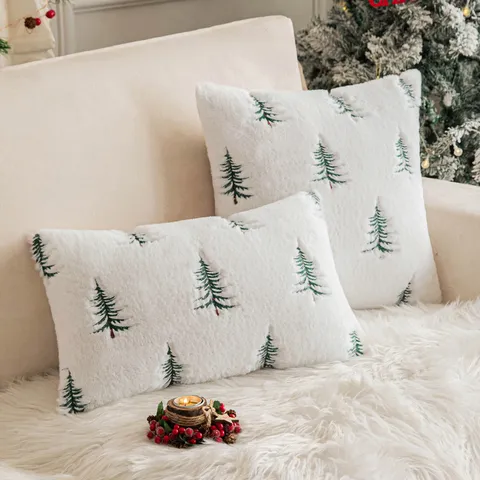 Faux Rabbit Fur Christmas Pillow Cover Plush Embroidered Christmas Tree Cushion Case For Sofa Living Room Home Decor