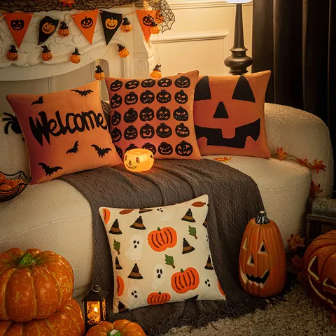 Halloween Embroidered Pillowcase Polyester Pumpkin Ghost Bat Decorative Cushion Cover For Home Sofa Living Room Festival Ornament