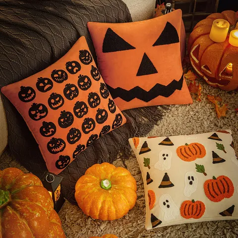 Halloween Embroidered Pillowcase Polyester Pumpkin Ghost Bat Decorative Cushion Cover For Home Sofa Living Room Festival Ornament