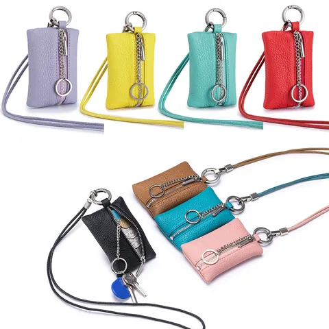 Mini Genuine Leather Neck Hanging Coin Purse Litchi Grain First Layer Cowhide Keychain Lipstick Bag Japanese Style Small Wallet For Women Men