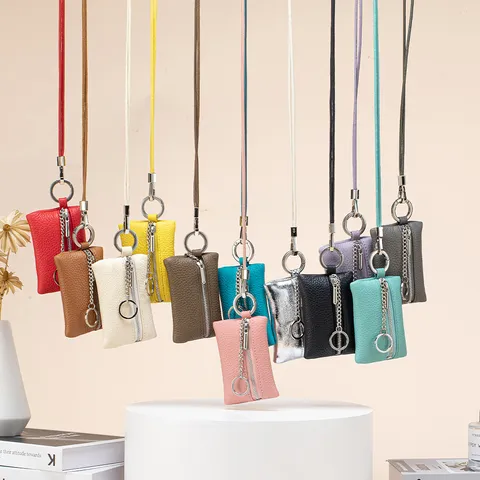 Mini Genuine Leather Neck Hanging Coin Purse Litchi Grain First Layer Cowhide Keychain Lipstick Bag Japanese Style Small Wallet For Women Men