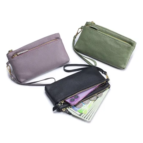 Pochette pour Femmes en Cuir Véritable Grande Capacité Long Portefeuille Motif Lychee Cuir de Vachette Double Fermeture Éclair Sac à Main
